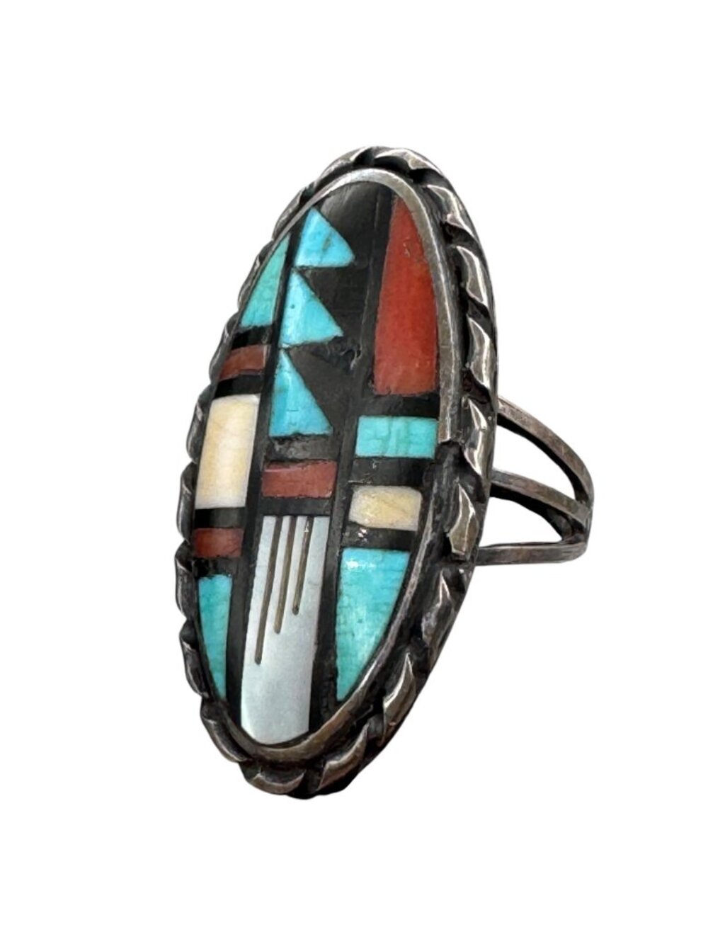 Vintage Zuni Sterling Silver Inlay Statement Ring Signed J.R.B. Sz 6.75 Bowannie - Picture 4 of 14